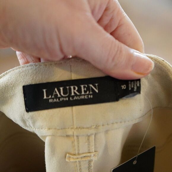 LAUREN RALPH LAUREN High Rise Straight Suede Pants Women's 10 Pale Parchment NWT - Picture 3 of 14